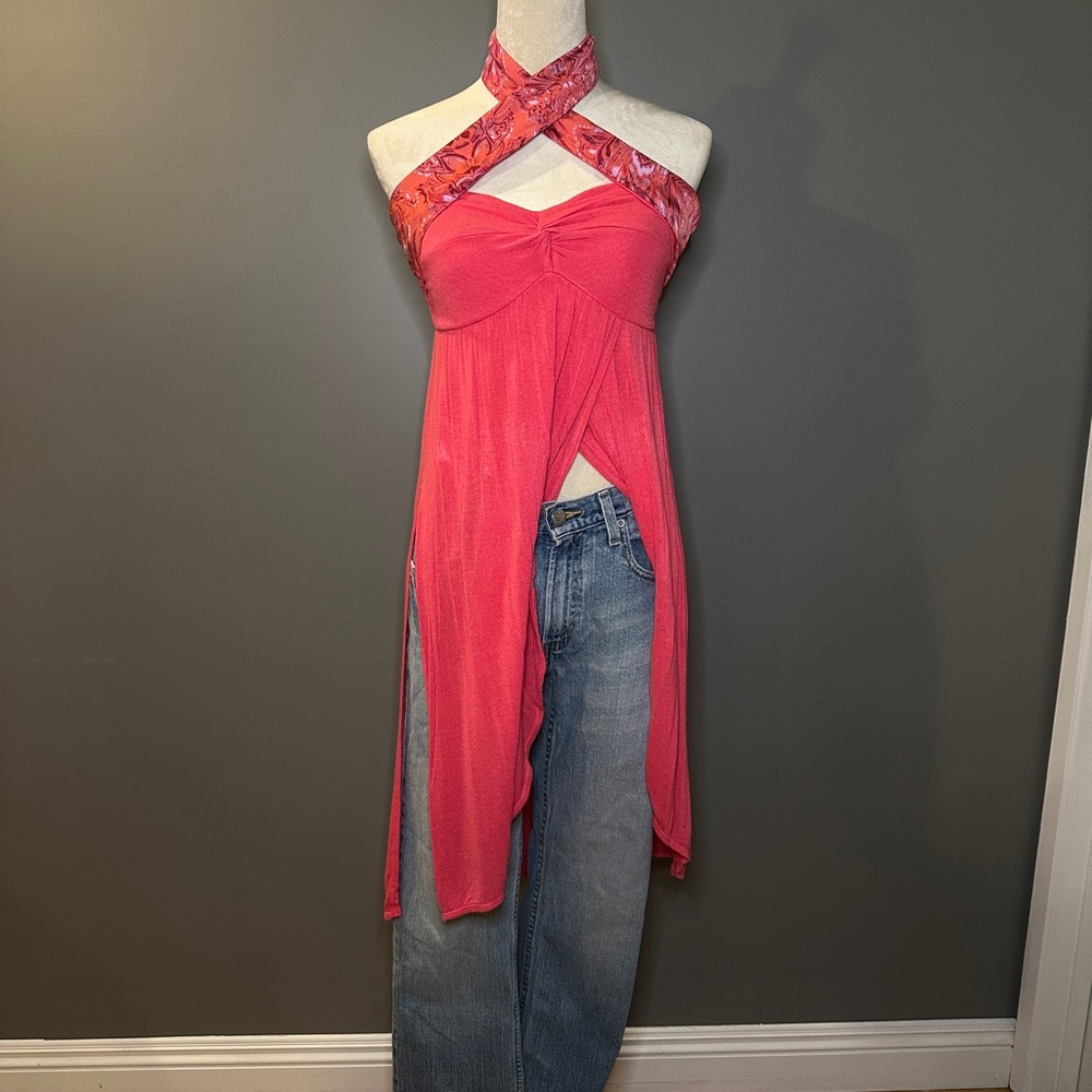 SOLD! Coral Y2K Sweetheart Halter Top/Dress; Size Small